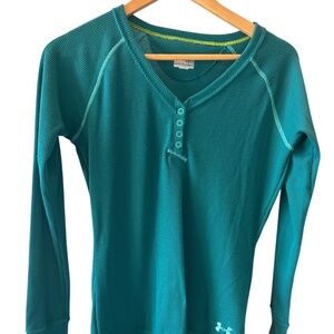 Under Armour Womens Top Small Green Waffle Logo Long Sleeve Semi Fitted Snaps